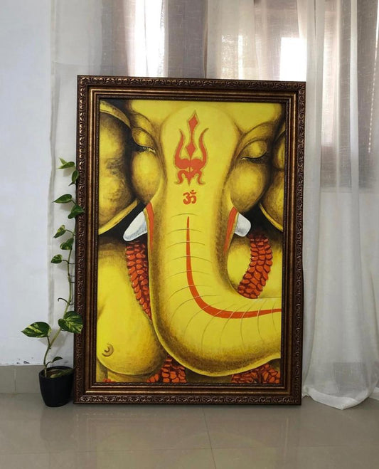 Divine Harmony: Lord Ganesha and the Sacred Aum in a Soulful Oil Painting (24" x 36") 2023