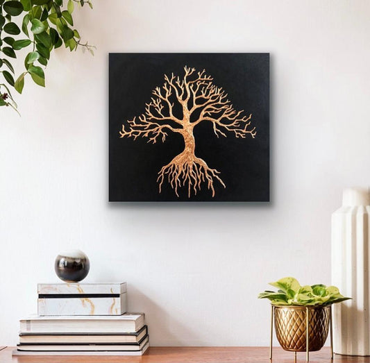 Midnight Arbor: A Celestial Tree with Roots and Branches on a Black Canvas (24" x 24") 2022